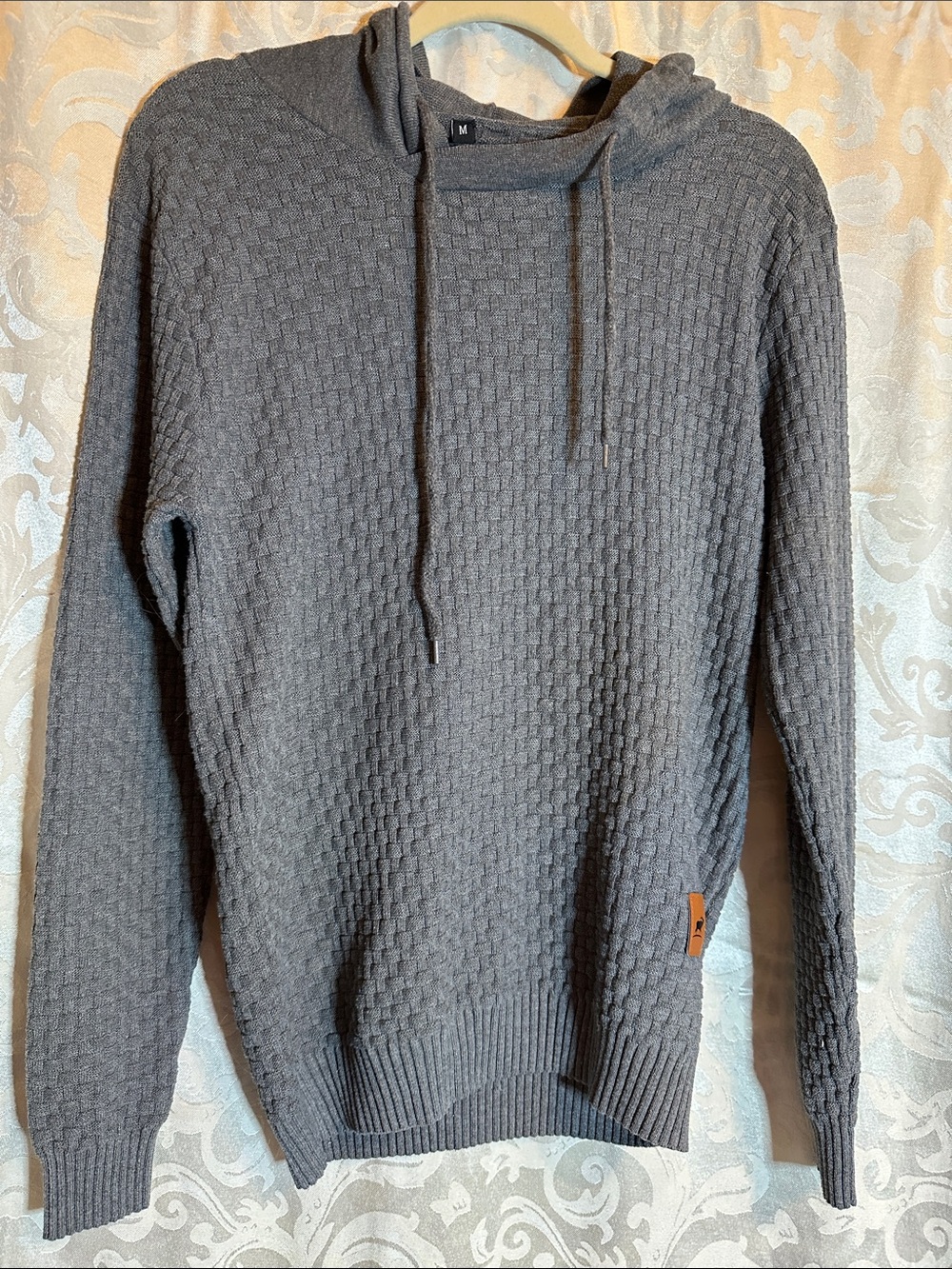 Men's Gray Crewneck Hooded Sweater - Textured Knit